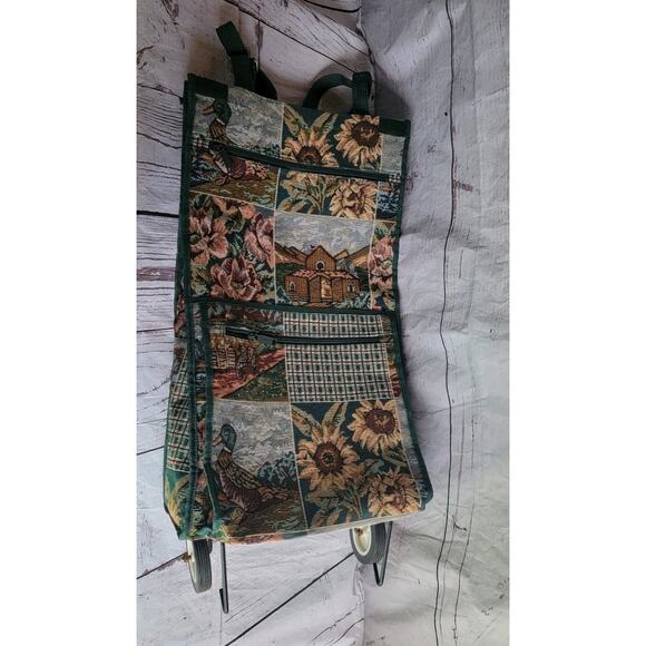 Jade Tapestry Tote Bag Rolling Foldable Collapsible Farm Ducks Sunflowers Green - Picture 1 of 16